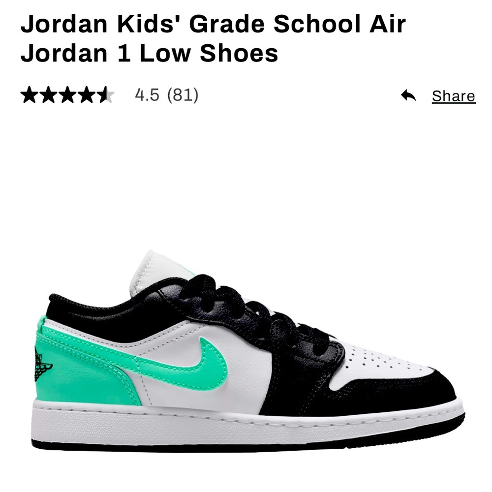 Nike Air Jordan 1 Low in White/Black/Teal… Size 6.5 Big Kids (8 wmn). Worn Once!